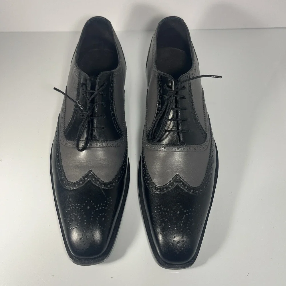 Hand Made‎ Black Gray Tan Leather Oxford Wingtip Size 14